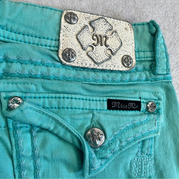 Miss Me Womens Size 30 Ankle Skinny Jeans Embellished Moto Mint Green Stretch - Picture 13 of 15